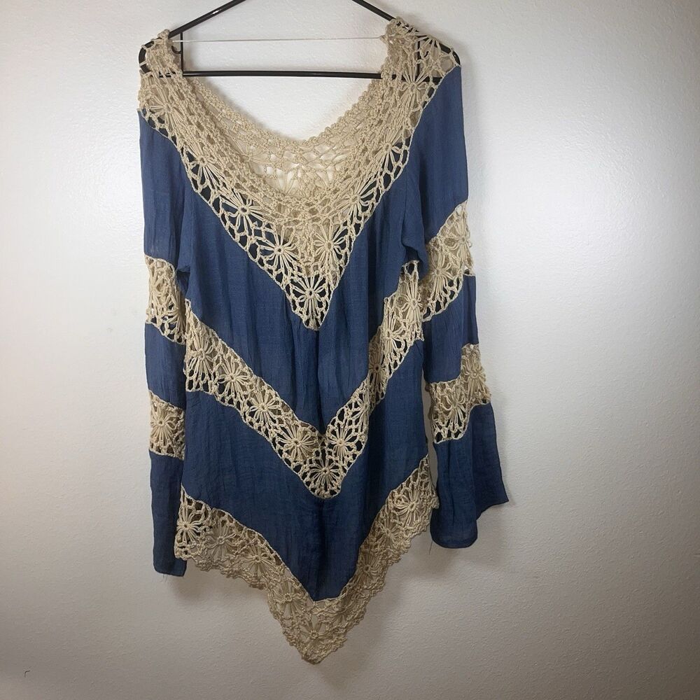 Umgee USA Boho Crochet Long Sleeve Blue Coastal Cowgirl Med Top